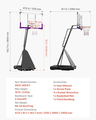 VEVOR Basketball Hoop, Basketball Hoop 44 48 50 54 Inchs PC Backboard, 4.4-10FT Height Adjustable, Basketball Portable Hoop& Goal, Indoor/Outdoor Classic Basketball Court, Teen Adult School Park