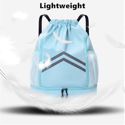 Drawstring Backpack - Water Resistant Gym Drawstring Bags with Shoes Compartment and Water Bottle Holder Pockets - String Cinch Bag - Draw String Back Pack for Men and Women (Light Blue) - color: Light Blue