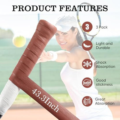 Tennis Racket Grip Tape, Ultra Thin Tacky Tennis Overgrip for Sweat Absorption & Control – Durable Anti-Slip Replacement Grip for Tennis, Badminton & Pickleball (3 Pack) - color: BROWN