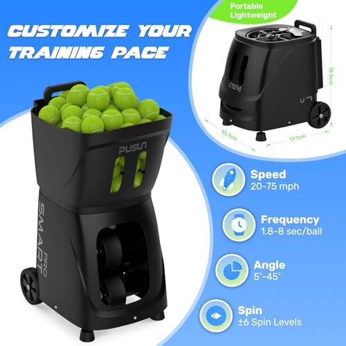 PUSUN｜PT-Smart Pro Internal Oscillation Tennis Ball Machine: App with 12 Built-in Training Modes, 28-Pt Custom Drills,75MPH, 5H,32.6lb Portable for Tennis & Padel,Training, Practice,Beginners to Pros