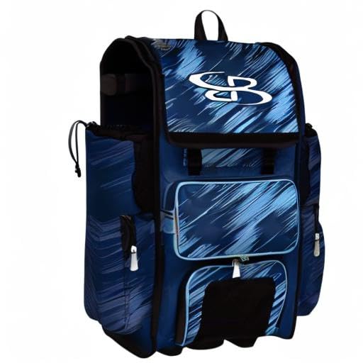 Boombah Rolling Superpack Scratch Baseball/Softball Gear Bag - 23-1/2" x 13-1/2" x 9-1/2" - Multiple Colors - Telescopic Handle and Holds 4 Bats - Wheeled Version - color: Navy/Columbia