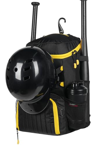 Lightweight Baseball Bat Backpack with Shoe Compartment, Softball Gift for Women with Fence Hook & Batting Glove, Helmet | Multiple Colors - color: black yellow