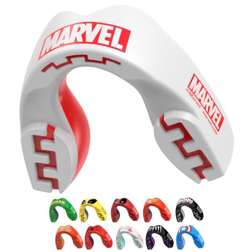 Marvel Logo Mouth Guard, Dual Layer Mouthguard for Adults with Case, Easy Fit Remoldable Mouthpiece for Football, Boxing, Lacrosse, MMA, Basketball & All Contact Sports (Adult 12+ Years, White) - color: Marvel Logo, size: Adult (12+ Years)