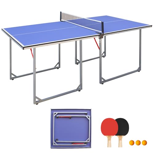 Foldable Ping Pong Table Portable 4.5FT/6FT/9FT Indoor MDF Table Tennis Table Multi-Purpose Family Game Table with Net, 2 Paddles and 3 Balls for Kid Teenager Adult - color: 6FT Blue White