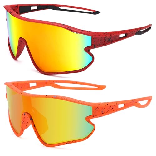 Kids Baseball Sunglasses - Youth Baseball Sunglasses for Boys Girls - Sports Softball Shades Age 6-14 - color: A9 Red/Orange Mirror + Orange/Red Mirror