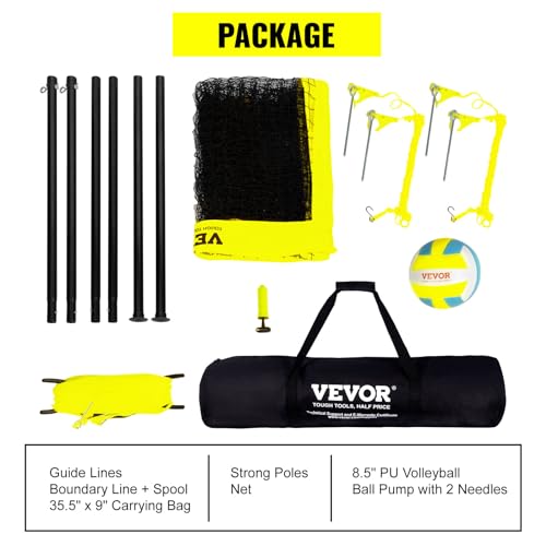 VEVOR Portable Volleyball Net Set, Adjustable Height Steel Poles with PVC Volleyball Pump, Carrying Bag for Beach Backyard