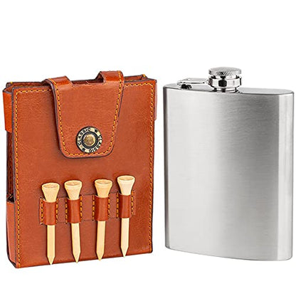 Golf Flask Gift Set - 7oz Flask With Leather Case - Golf Accessories for Men and Women - Includes Divot Tool, Tees and Ball Marker