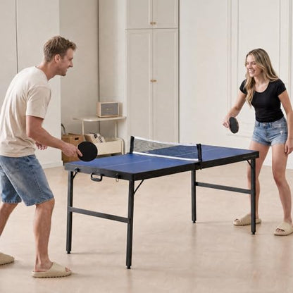 VEVOR Ping Pong Table, Mid-Size Table Tennis Game, Indoor MDF Table Tennis Table, Foldable Portable Complete Ping Pong Table Set with Net, 2 Paddles, 3 Balls, Carry Bag, Handle (No Assembly Required)