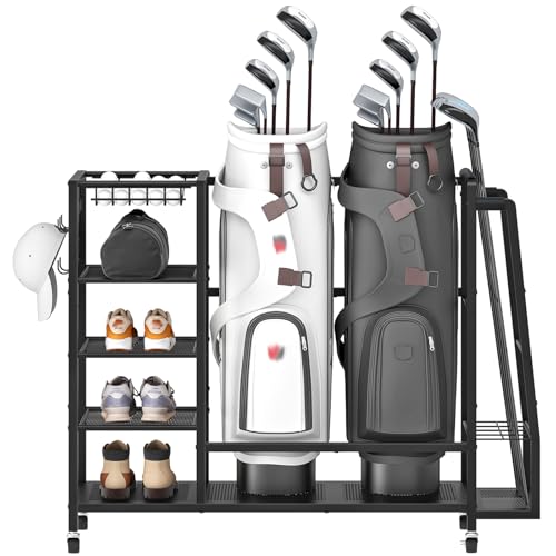 HOOBRO Golf Bag Storage Garage Organizer, Golf Bag Storage Stand Fits 2 Golf Bags and Golf Equipment Rack with Wheels, Extra Storage Rack for Garage, Club, Basement, Black BK49CJ01
