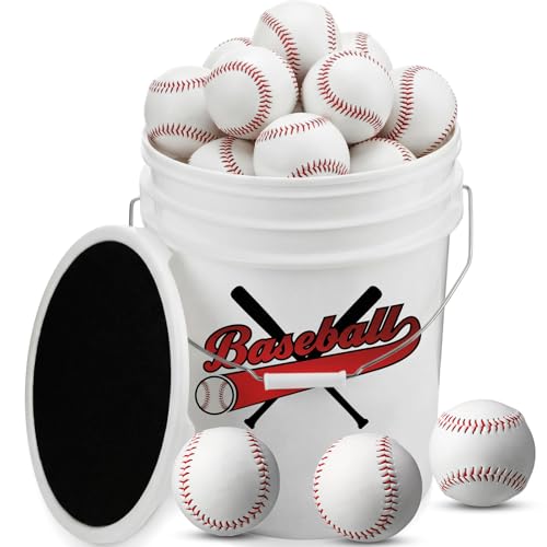 Lewtemi 24 Packs Baseball Balls Bulk with 5-Gallon Ball Bucket Official Size Baseballs Leather Cover for Youth Adult Game Practice Training School League Play