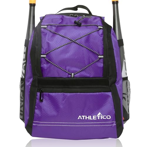 Athletico Youth Baseball Bag - Bat Backpack for Baseball, T-Ball & Softball Equipment & Gear | Holds Bat, Helmet, Glove | Fence Hook - color: Purple
