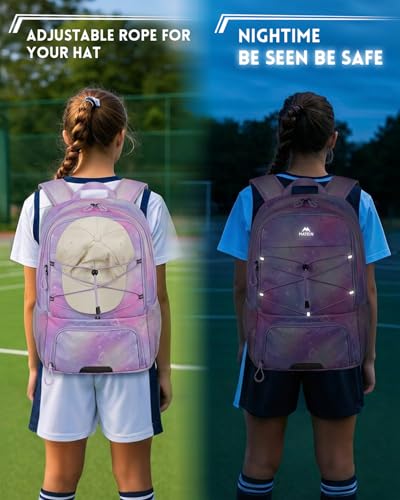 MATEIN Girls Soccer Backpack, Large Basketball Bag with Ball Holder & Shoe Compartment for Tournament & Game Day, Lightweight Youth Sports Bag with Fence Hook Fits 15.6 Inch Laptop, Soccer Team Gifts - color: Pink Purple