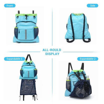 Drawstring Backpack, Waterproof Sandproof Beach Backpack for Sport Gear Small Gym Bag with Hidden Ball Net Pocket and Seperated Wet Pocket Draw String Back Bag for Women Men, Blue - color: Blue