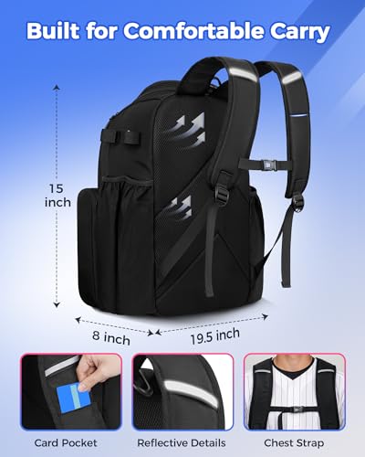 MATEIN PRO Youth Baseball Backpack for 4 Bats with Collapsible Shoes Compartment, Water-Resistant Large Boys Baseball Bat Bag with Clear Display Pocket & Insulated Beverage Pocket Holds Glove, Helmet - color: Black