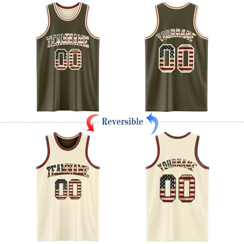 Custom Reversible Basketball Jerseys Men Youth, Personalized Sports Shirts Team Uniforms Printed Name Logo Number - color: Flag Style - White and Olive Green