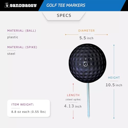 Sandbaggy Plastic Tee Markers for Golf Course (UV Resistant) - Steel Spike - Safety Caps Included - color: Black