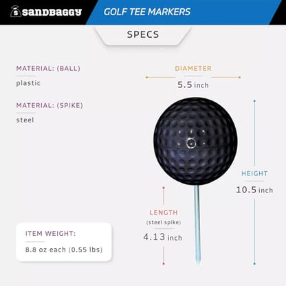 Sandbaggy Plastic Tee Markers for Golf Course (UV Resistant) - Steel Spike - Safety Caps Included - color: Black