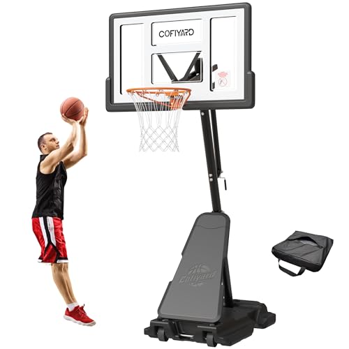 Cofiyard Basketball Hoop Outdoor with 44&48&54In Shatterproof Backboard, 5.25-10FT Height Portable Basketball Hoop with Sandbag, Adjustable Basketball Goal System - color: White, size: 44inch