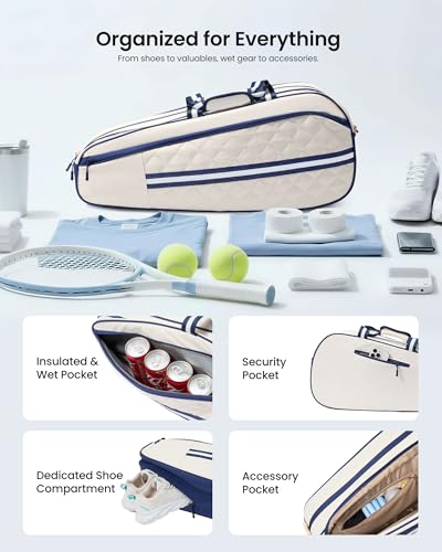 Tennis Bag for Women & Men, 3-6 Rackets Tennis Racket Bag with Shoe Compartment & Insulated Pocket, Water-Resistant Gym Bag, Perfect Tennis Accessories for Court Training & Daily Use - color: Navy Blue - Beige