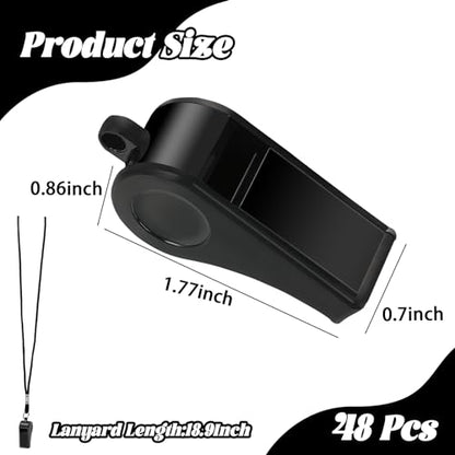 Retainbre 48 Pcs Coach Whistle with Lanyard Lifeguard Whistles Bulk Plastic Sports Loud Referee Whistle for Adults Emergency Teachers Training - color: Black