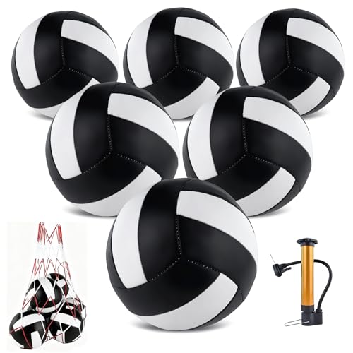 6 Pack Volleyballs Official Size 5, Waterproof Soft Bulk Recreational Volley Balls with Pump and Net Bag for Indoor Outdoor Beach Sand Water Pool Game Training Match for Beginner - color: Black White