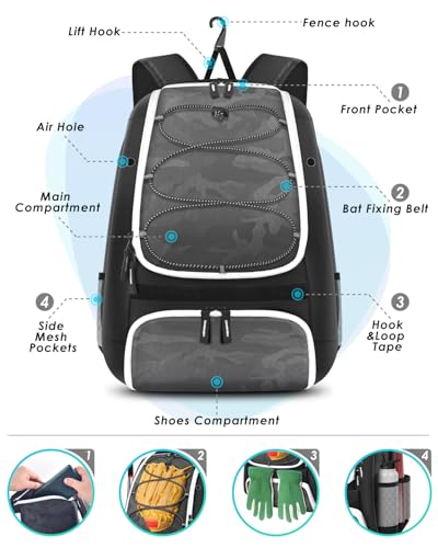 BROTOU Baseball Bag, Softball Bag for Baseballgear & T-Ball Bat, Baseball Backpack with Shoes Compartment for Men/Women - color: Grey