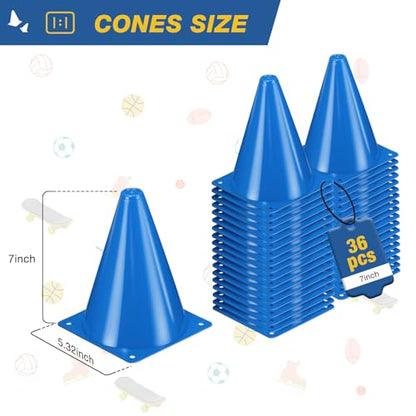 36pcs Cones 7 Inch Soccer Cones and Plastic Traffic Cones, Durable Cones for Sports Training, Ideal for Soccer, Basketball, Football, Skating, and Agility Drills Practice - color: blue