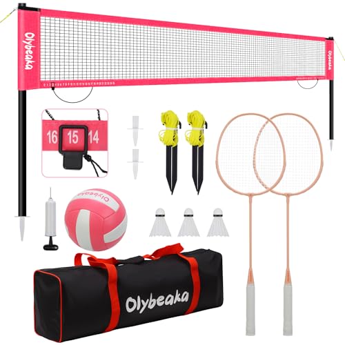 20ft Volleyball & Badminton Combo Net Set Outdoor for Backyard Beach with Adjustable Poles, Durable Anti-Sag Net, PU Volleyball, 2 Aluminum Rackets, Carry Bag for Easy Portable - color: Pink