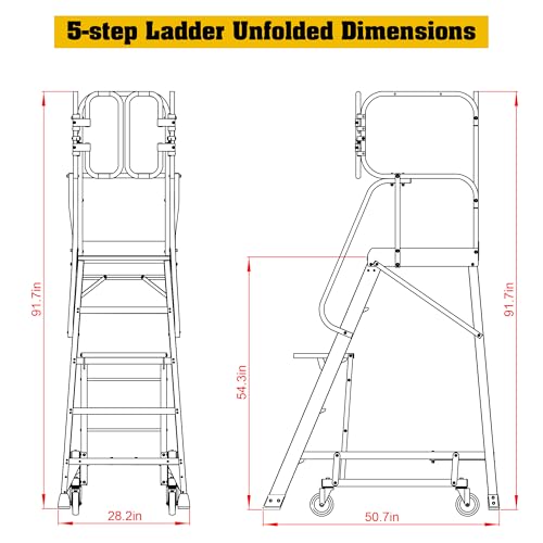 5 Step Ladder Aluminum Rolling Platform Ladders with 360° Guardrail System, Industrial Safety Non-Slip Rolling Ladder with Wheels for Warehouse, Garage, 375 lbs Capacity