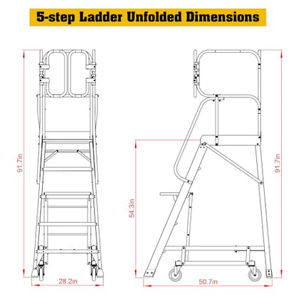 5 Step Ladder Aluminum Rolling Platform Ladders with 360° Guardrail System, Industrial Safety Non-Slip Rolling Ladder with Wheels for Warehouse, Garage, 375 lbs Capacity