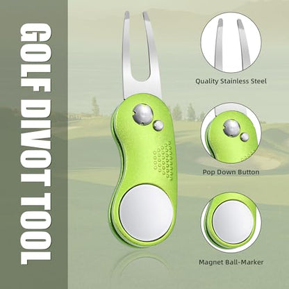 Mile High Life Golf Divot Repair Tool, All Metal Foldable Divot Tool with Pop-up Button & Magnetic Ball Marker - color: Lime Green Curve