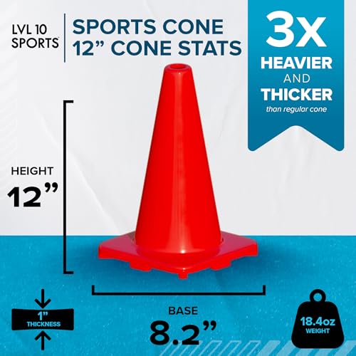 LVL10 Pro Training Cones - 12" Large Soccer Cones for Sports Training - for Basketball, Football, Basketball and Agility Drills - Soccer Field Markers that Won't Crack, Slide or Fly - style: 4 cones