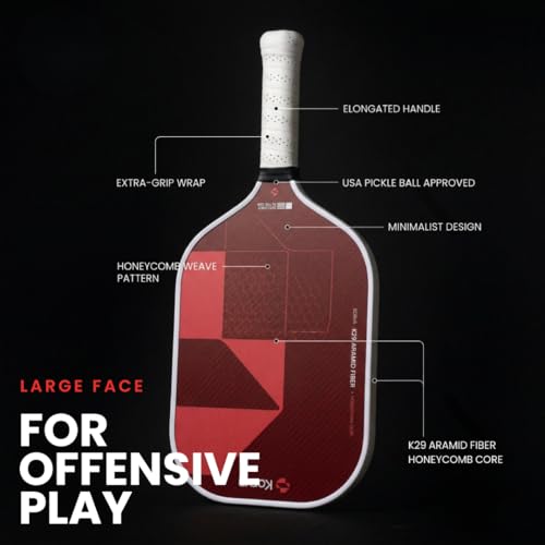 Korva Pickleball Paddle | 16mm Aramid Fiber Face, Elongated Shape, Polypropylene Honeycomb Core | Pickle Ball Paddle for Power, Spin & Control | Lightweight Performance Paddle, Red