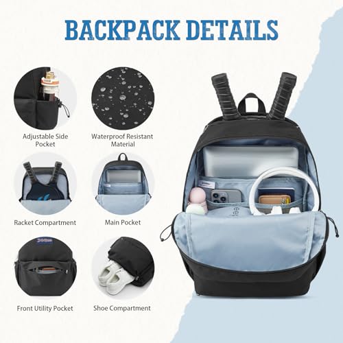 G4Free Pickleball Bag, Pickleball Backpack Fits 2 Paddles with Shoes Compartment and Fence Hook for Men and Women - color: Black
