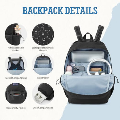 G4Free Pickleball Bag, Pickleball Backpack Fits 2 Paddles with Shoes Compartment and Fence Hook for Men and Women - color: Black