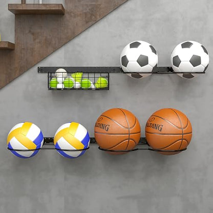 8 Tier Detachable Wall Mounted Basketball Rack,Vertical/Horizontal Football Holder,Holds 14 Balls DIY1/2/3/4 Soccer Stand,Height-Adjustable Ball Rack with Basket for Garage,Tool Room