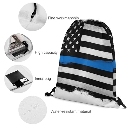 Gym Drawstring Backpack Sackpack Water Resistant for Sports Beach Yoga Travel Unisex, Thin Blue Line Flag Police American Bags - color: Picture (757)