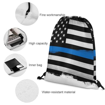 Gym Drawstring Backpack Sackpack Water Resistant for Sports Beach Yoga Travel Unisex, Thin Blue Line Flag Police American Bags - color: Picture (757)