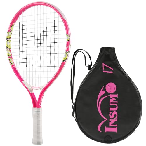 INSUM 17-25 inch Kids Tennis Racket for Aged 2~12 Starter, Multi-Color & Size Toddlers Tennis Racket for Boys & Girls Beginner, Come with Shoulder Cover Bag for Carry - color: Pink, size: 17''