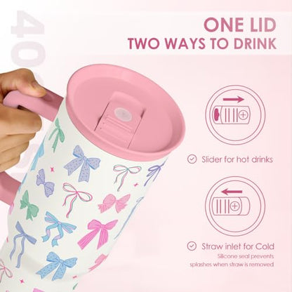 SANDJEST Bow 40oz Tumbler With Handle and Straw, Insulated Stainless Steel Travel Coffee Mug for Women Girls Bow Lovers, Gift Idea for Birthday Christmas Mothers Day - color: Bow 1