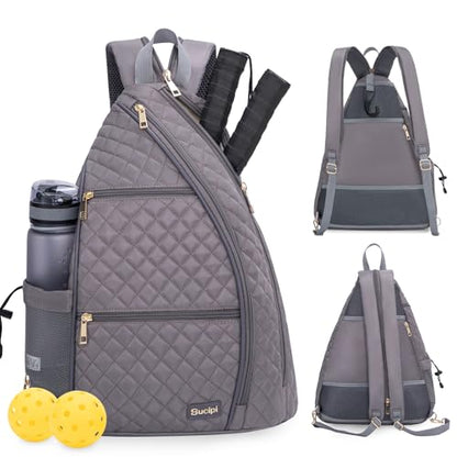 Women's Pickleball Backpack - Quilted Crossbody Sling Bag for Tennis & Pickleball Paddle - color: Gray Purple, size: Medium