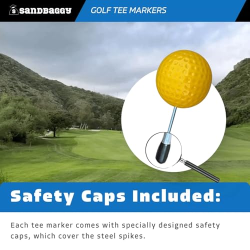 Sandbaggy Plastic Tee Markers for Golf Course (UV Resistant) - Steel Spike - Safety Caps Included - color: Yellow