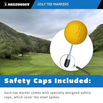 Sandbaggy Plastic Tee Markers for Golf Course (UV Resistant) - Steel Spike - Safety Caps Included - color: Yellow