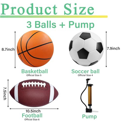 3-Piece Sports Balls Set, Includes Size 5 Basketball, Size 4 Soccer Ball, Size 6 Football & Pump, Sports Equipment Perfect Sports Gift for for Boys, Girls, Teens, and Adults