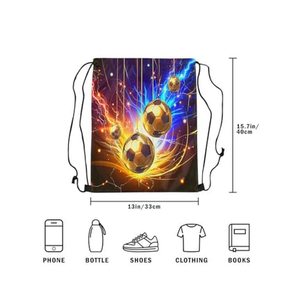 Golden Football Drawstring Bag,Modern Sports Ball Drawstring Backpack,Golden Blue Lightning Draw String Bag Gym Packs Large Capacity - color: Golden Blue