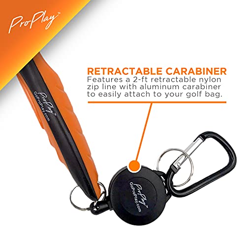 ProPlay Golf Club Brush and Groove Cleaner - Retractable Zip-line Aluminum Carabiner | Lightweight and Ergonomic Design | Easily Attaches to Golf Bag - color: Orange