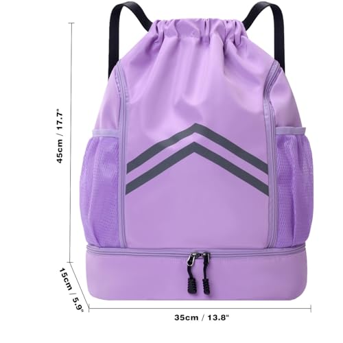 Sports Drawstring Backpack Bag - Waterproof Gym Drawstring Bags with Shoes Compartment and Water Bottle Pockets - Cinch String Backpack - Swim Drawstring Beach Bags for Women & Men, Purple - color: Purple