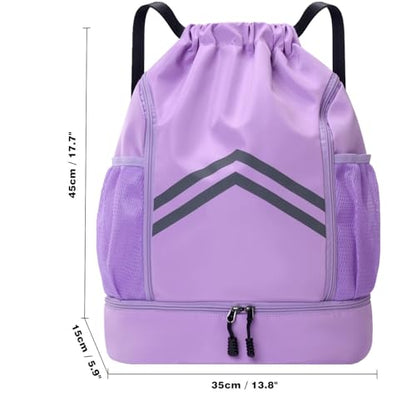 Sports Drawstring Backpack Bag - Waterproof Gym Drawstring Bags with Shoes Compartment and Water Bottle Pockets - Cinch String Backpack - Swim Drawstring Beach Bags for Women & Men, Purple - color: Purple