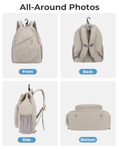 Drawstring Tennis Backpack, Puffer Tennis Racket Bag with Shoe Compartment & Wet Pocket Gym Bag for Women, Suitable for Pickleball Tennis Badminton - color: Camel