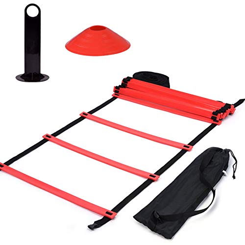 Agility Ladder and Cones Set, 19ft Flat Speed Agility Training Kit with 10 Pack Disc Cones for Soccer Football Athletic Training - color: 1 training ladder (red) + 10 football corner